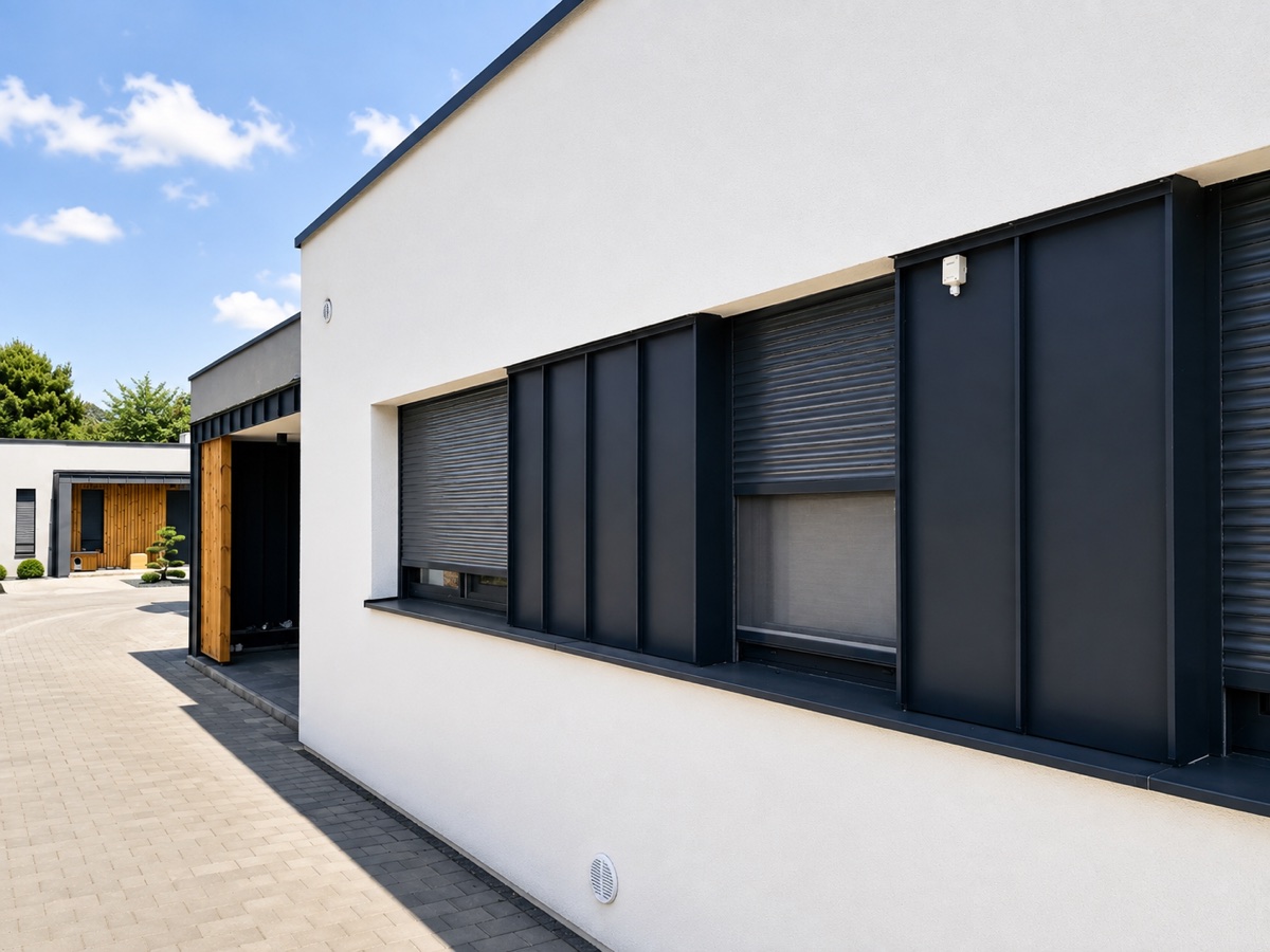 Kömmerling 76 Fenster und anthrazitfarbene Rollläden an der Fassade eines Einfamilienhauses