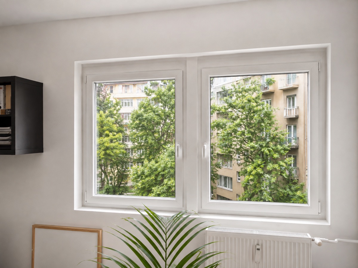 Eingebautes weißes Kunststofffenster in einem ruhigen, hellen Raum