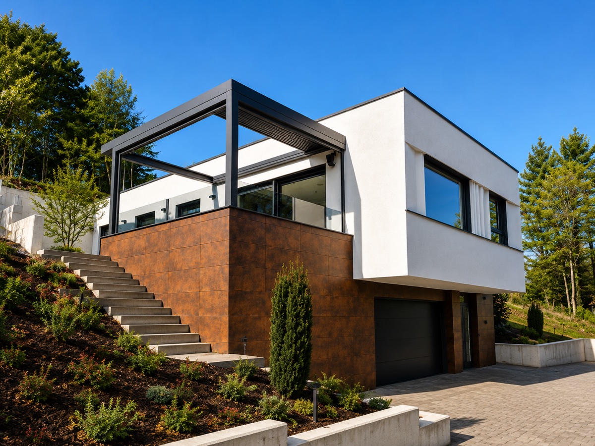 Eingebaute anthrazitfarbene Fenster und Türen und eine Pergola an einem modernen Einfamilienhaus