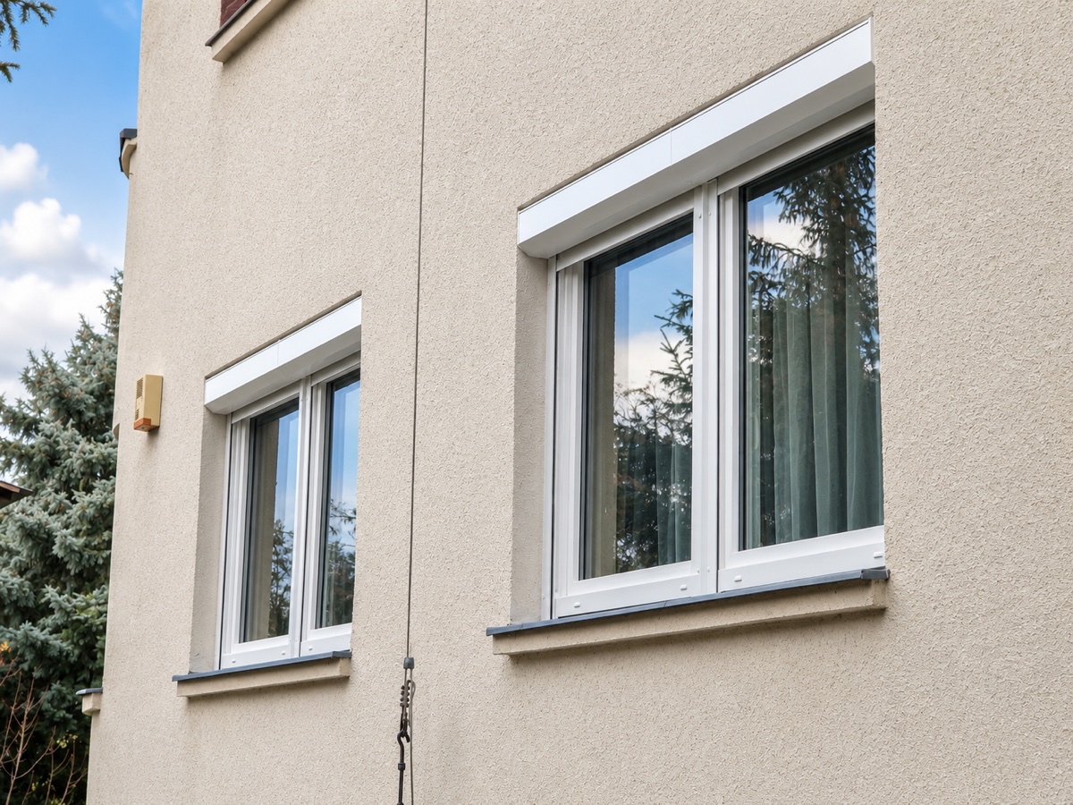 Nyílászáró csere után, fehér műanyag ablakok családi ház homlokzatán
